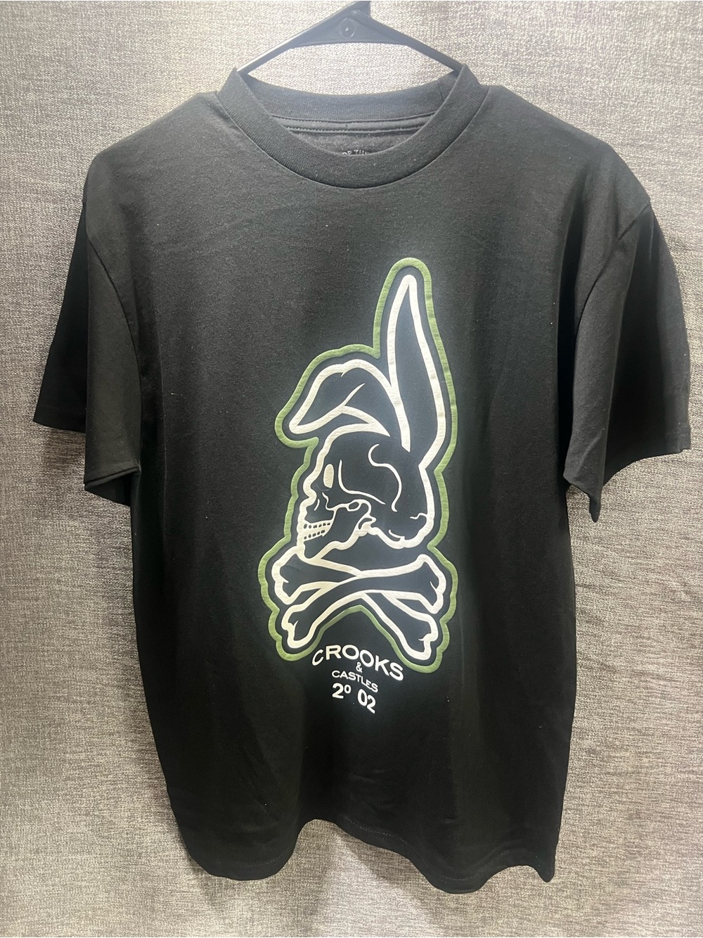 Crooks & Castles Black Tee with Green-Outlined Skull Bunny Graphic